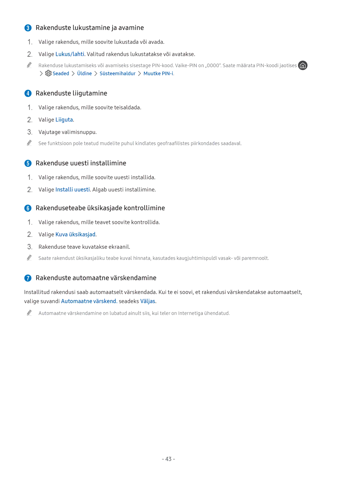 Samsung UE32M5522AKXXH manual  Rakenduste lukustamine ja avamine,  Rakenduste liigutamine,  Rakenduse uuesti installimine 